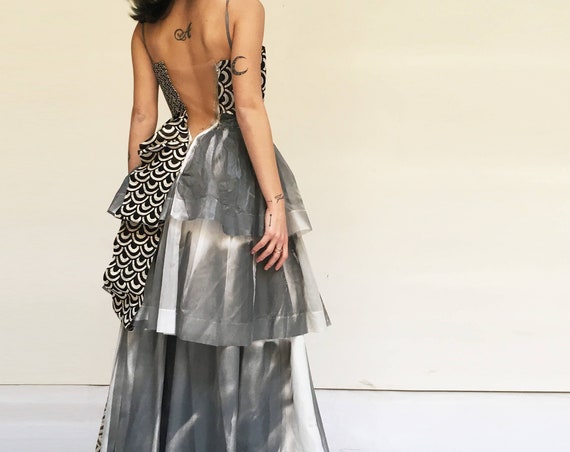 Wearable Art LOLA DARLING Long Dress Organza Flounces Hand Painted and Printed with an Italian Artist's Painting + Brocade Luxury Fabrics