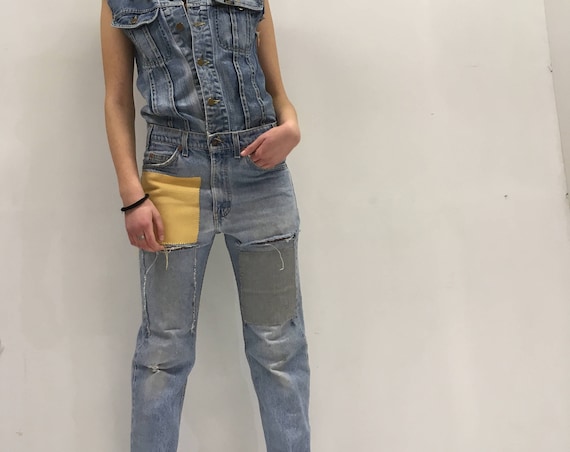 Denim Overall LOLA DARLING Jumpsuit Lee Jacket Levi's 517 Vintage Jeans Recovered Yellow and Gray Fabric Patch on Back Authentic Drawing