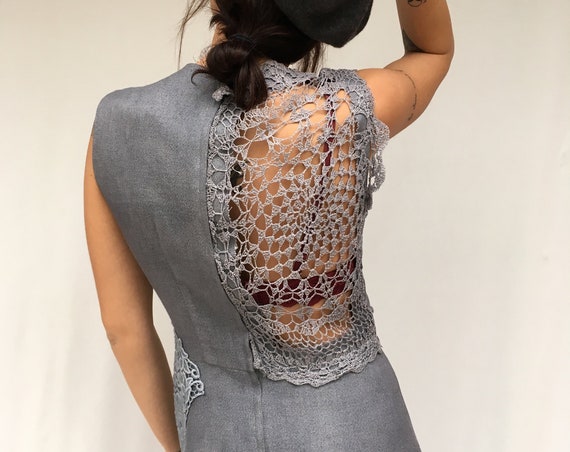 Crochet Hand Made Inserts Sheath Dress LOLADARLING Cocktails Hand Dyed Gray Gradient Effect from Vintage Dress Sustainable Clothing Unique