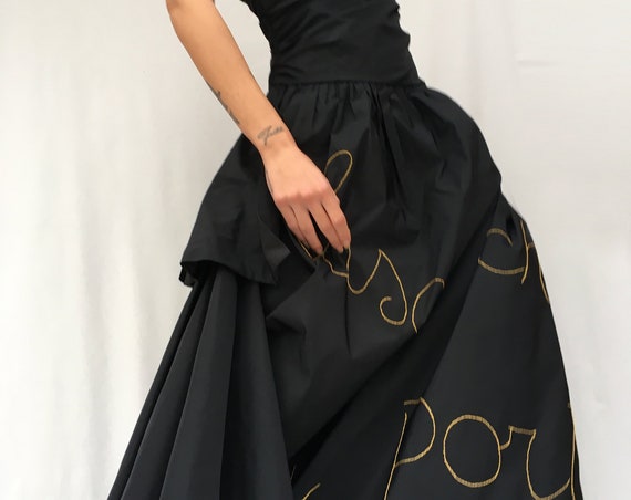 Statement Black Dress LOLA DARLING Italian Lyrics Song Embroidered + Recycled Plastic Net Taffettà Silk Long Dress Sartorial Wedding Party