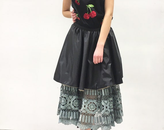 Reversible Crochet Skirt Hand Painted Black/ Blue sky Colors LOLA DARLING Full Skirt Cotton Lace Plastic Effect Jute + Black Satin Unique
