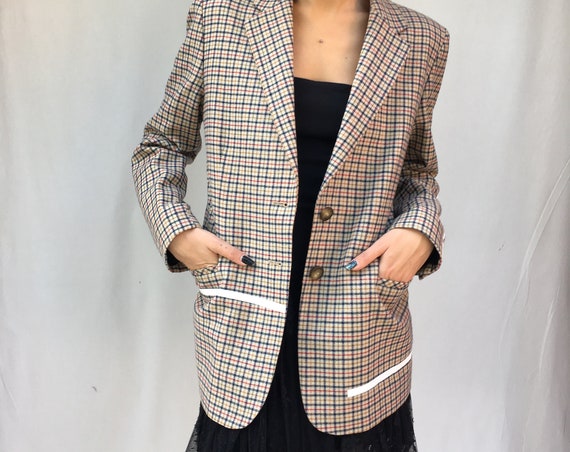 Prince of Wales Woman 80s Jacket LOLA DARLING Tartan Light Wool Blazer Plastic White Lines Printed Unique Spring Italian Made Colthing
