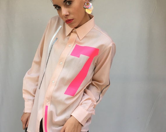 Printed Cotton Shirt Vintage Fabric LOLA DARLING Slim Fit Peach/White Color Stripes, 7 and LOLA Printed Upcycled Made in Italy Unique Piece