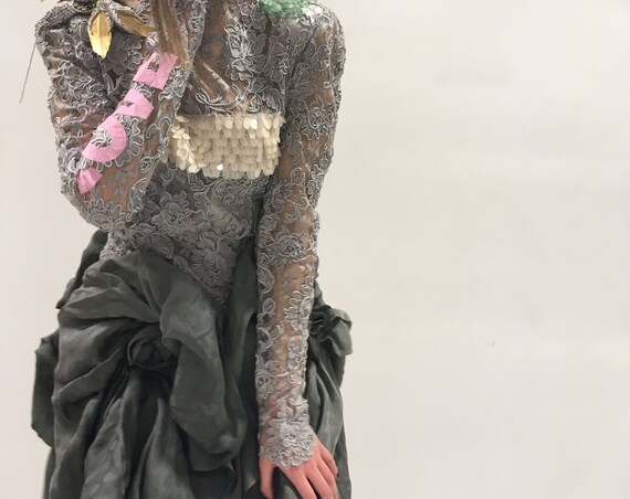 Statement Macramé Gray Silk Organza Long Dress LOLA DARLING Lace Sequins Polka Dots LOVE Pink Print Dragonfly Brooch Unique Wedding Bridal