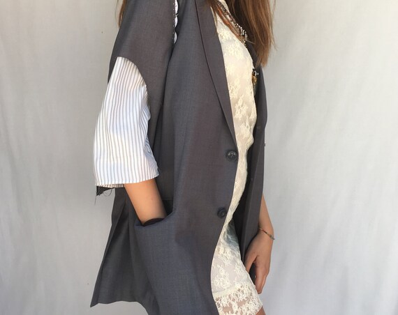 Short Sleeve LOLA DARLING Blazer Gray Jacket Raw-cut edges with trimmings Hand Finishing Unisex Clothing Limited Edition Hand Made in Italy
