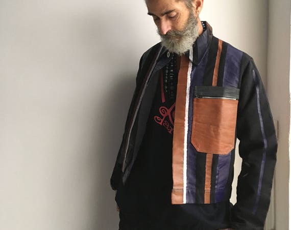 Hand Painted Cotton Blue LOLA DARLING Man Jacket Vinyl Treatment Colored Stripes Made in Italy from Vintage not used Uniform Garment Unisex