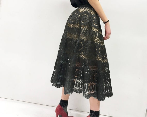Two Skirt in One. Reversible Circle Hand Made Crochet Skirt LOLA DARLING Hand Painted Leather Effect Canvas Black Satin Unique Made in Italy