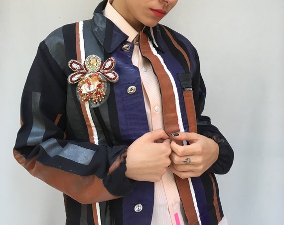 Hand Painted Stripes Jacket LOLA DARLING Cotton Leather Effect treatment DAW Brooch Wearable Art from Vintage Uniform Garment Unisex