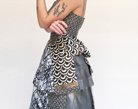 Luxury Wedding Gray Dyed, Printed Long Dress LOLA DARLING Organza Flounces Artist's Painting Printed + Brocade Luxury Fabrics Embroidered