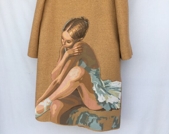 Juta Canvas 60s Jacket with Dancer LOLA DARLING Embroidery Printed French Canvas on Orange Vintage Coat Printed inner Lining Unique Handmade
