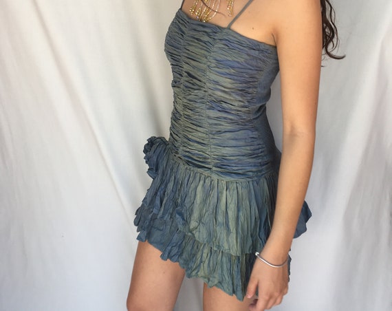 Gray Blue Flounced Mini Dress LOLA DARLING with Straps Iridescent Gradient Color Silk Taffeta Elastic back Unique Piece Handmade in Italy