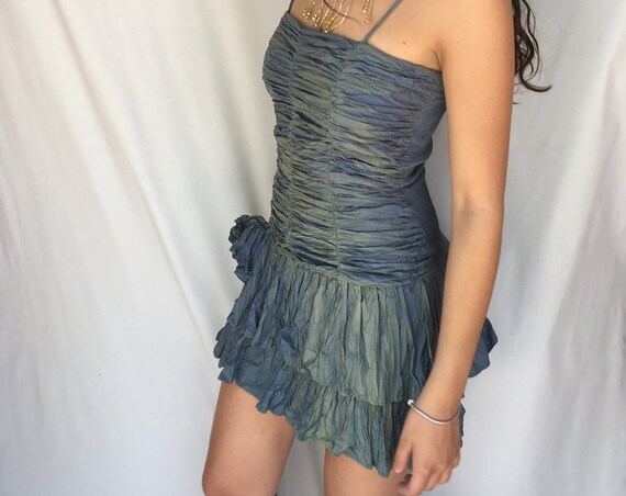 Gray Silk Taffeta Mini Dress Blue Flounced LOLA DARLING with Straps Iridescent Gradient Color Elastic back Unique Piece Handmade in Italy