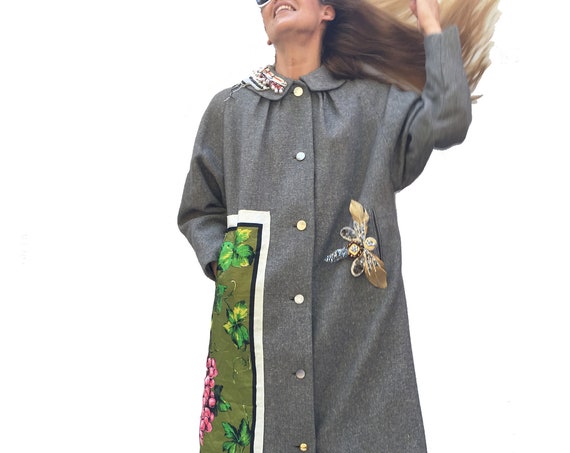 Ladies' Overcoat in Gray Wool Canvas with Leaves and Grapes LOLA DARLING Bijoux Pins by DAW Wearable Art Haute Contemporary Italian Couture