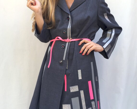 Printed Gray Oversize Woman Jacket LOLA DARLING Coat Colored Glitter Stripe Wearable Art Italian Hand Made from Inventory 60s Vintage