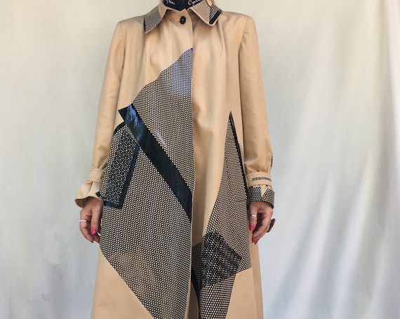 Woman Beige Trench Coat Graphic Printed LOLA DARLING Sustainable Black Design Jacket Unique Wearable Art Couture Hand Made from Vintage