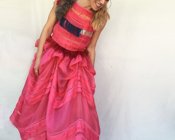 Red Silk Organza Long Dress LOLA DARLING Sequins Fringe Fur Tulle petticoat Sartorial Hand Painted Hand made in Italy Wedding Bridal Dress