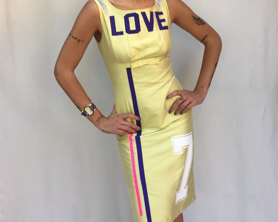 Acid Green Shantung Sheath Printed Dress LOLA DARLING Silk Fabric Sleeveless Acid Yellow with Fuchsia Glitter Stripe Sartorial Italian Made
