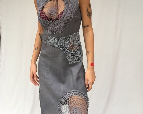 Crochet Hand Made Inserts Sheath Dress LOLADARLING Cocktails Hand Dyed Gray Gradient Effect from Vintage Dress Sustainable Clothing Unique
