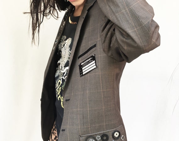 Prince of Wales Blazer Lola Darling for "OFFICINE CREATIVE MBIlab" Creative Recycling Industry Embroidered bolts rubber washers and Printed