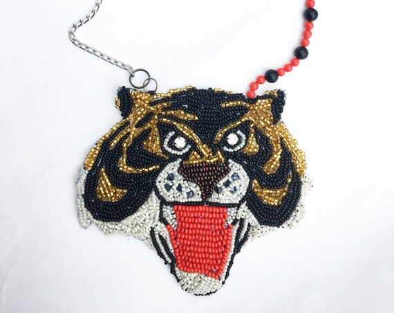 Statement Embroidered Necklace DAW / LOLA DARLING Hand Embroidery "Tiger Man" 80s Cartoons Bijoux Special Edition Made in Italy Single Piece