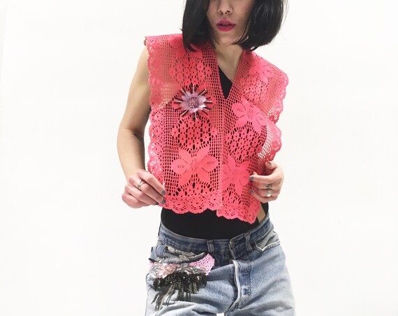 Red Fuchsia Pink Cotton Crochet Shawl LOLADARLING Handmade Hand dyed and Laminate effect Flower Embroidery One-of-a-kind Luxury Upcycled
