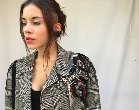 Prince of Wales Woman Overcoat LOLA DARLING Coat Red Sequin Cuffs Embroidery Wool Jacket by DAW Bijoux Black Fringe Checked Fabric Italy