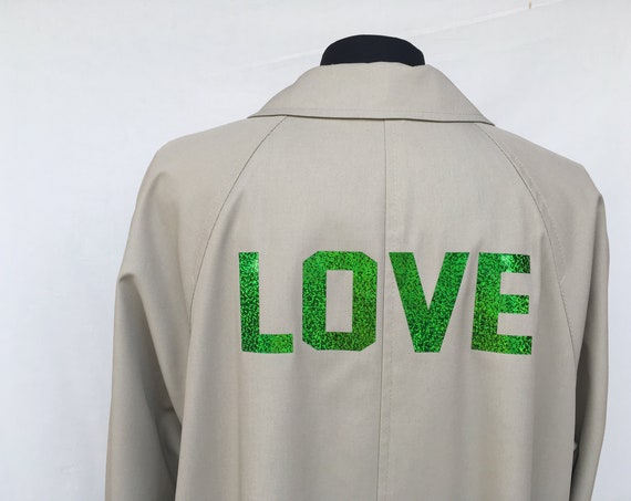 A Style Duster LOLA DARLING Sport Pop Printed Trench Coat LOVE Numbers Stripes Green Reversible Burberry Theme Inner Lining 80s Putty color