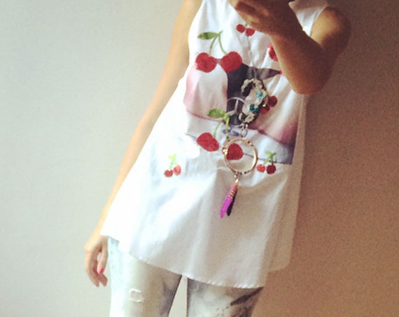 Soft Cotton Top LOLA DARLING White Blouse Embroidered Cherry Paillettes The Good Girl Print Limited Edition Hand made in Italy