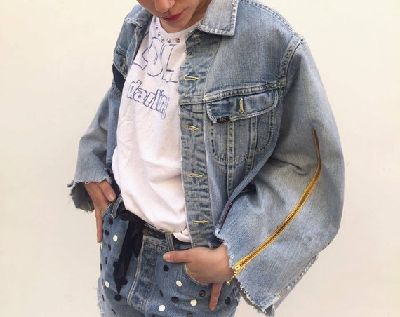 Denim Recycled LOLA DARLING with Zipper Poncho Jeans Jacket Vintage Levi's Recovered Handmade Tailoring, Unique piece Made in Italy