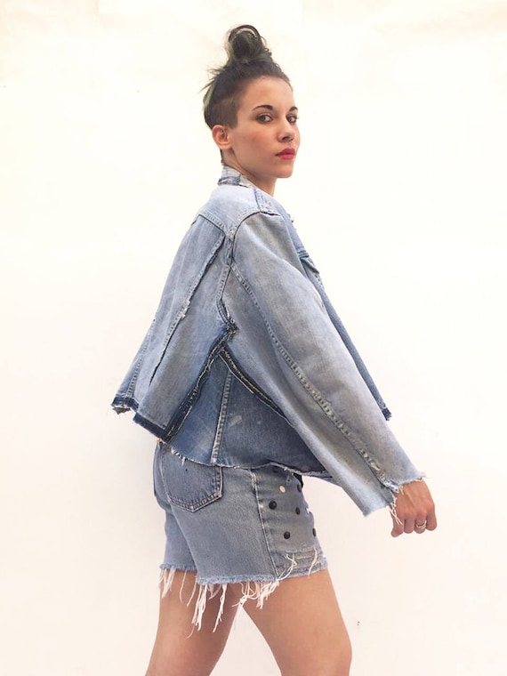 Poncho Zip Jeans Jacket LOLA DARLING Recycled Vintage Levi's Recovered Handmade Tailoring. Zip in Sleeve Unique Denim Piece Made in Italy