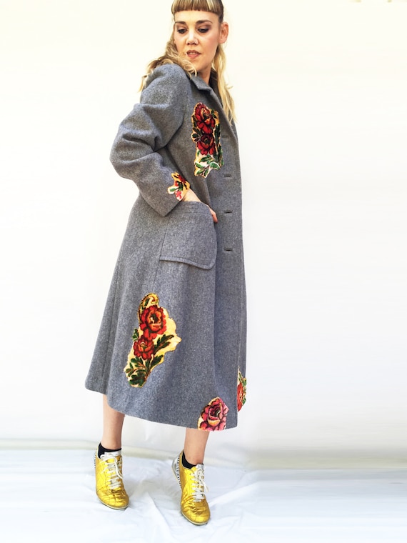 Tapestry Embroidered Wool Gray Long Coat LOLA DARLING Printed Lining Overcoat Sustainable Unique Contemporary Haute Couture Made in Italy
