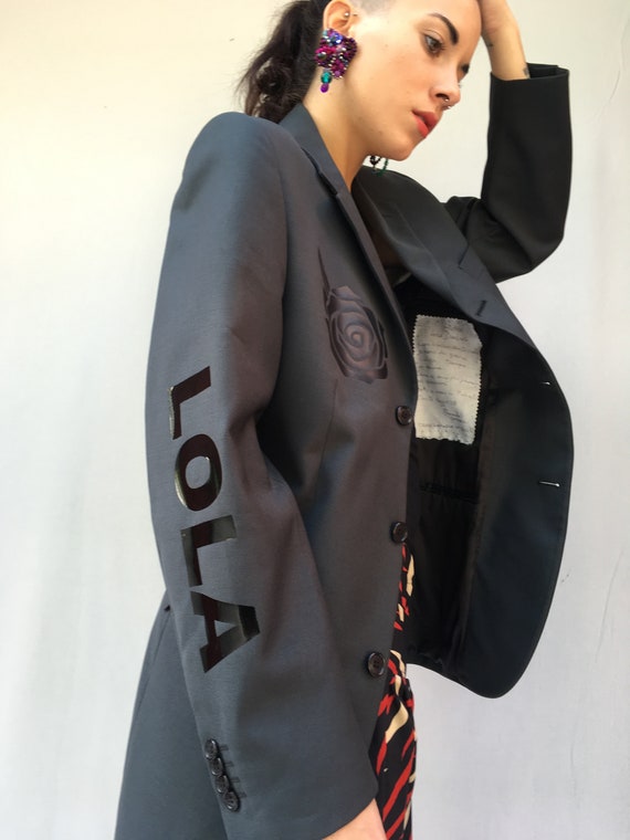 Black Woman's Jacket LOLA DARLING Tailoring Pack Outerwear Blazer Tight Fit Love Flower and Lola Plastic Prineted Unique Hand Made in Italy