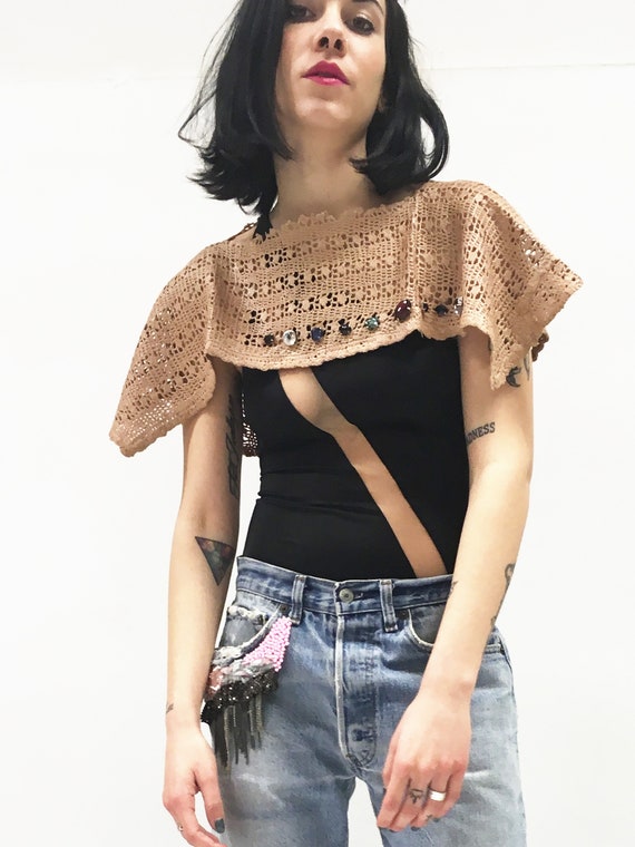 Crochet Shawl Brown LOLA DARLING Vintage Handmade Hand dyed and Leather effect Cabochon Embroidery One-of-a-kind Sustainable Made in Italy