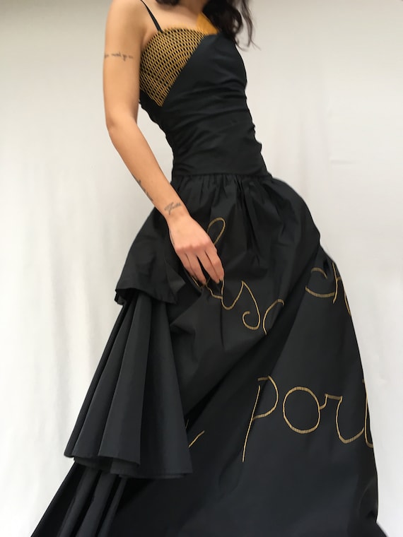 Statement Black Dress LOLA DARLING Italian Lyrics Song Embroidered + Recycled Plastic Net Taffettà Silk Long Dress Sartorial Wedding Party