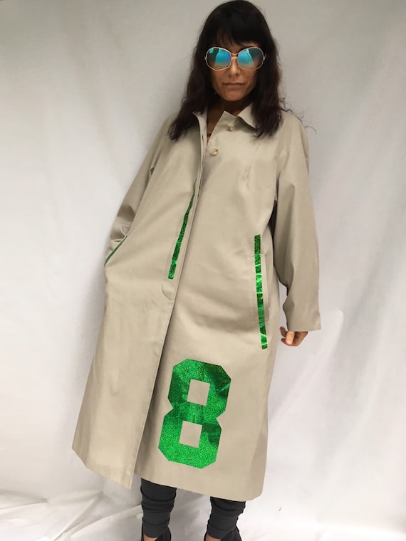 Printed Trench Coat LOLA DARLING Reversible Beige Unisex Overcoat LOVE Numbers Fucsia Green Glitter Stripes Printed Checkered Inner Lining