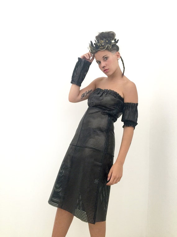 Black Leather Tube LOLA DARLING Dress Sheath Dress Detached Sleeves Bare Shoulders Hand made in Italy Limited Ed