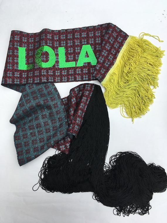 Jacquard Design Wool Scarf with Fringe LOLADARLING Luxury Fine Fabric Recovered Extra Long Black/Short Yellow Fringes LOLA Glitter Printed