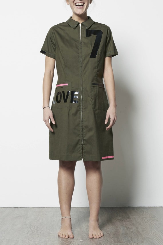 Vintage Work Uniform leftover stock LOLA DARLING Dress Numbers and LOVE logo Printed. Short-sleeved olive green cotton/Terital. Unique