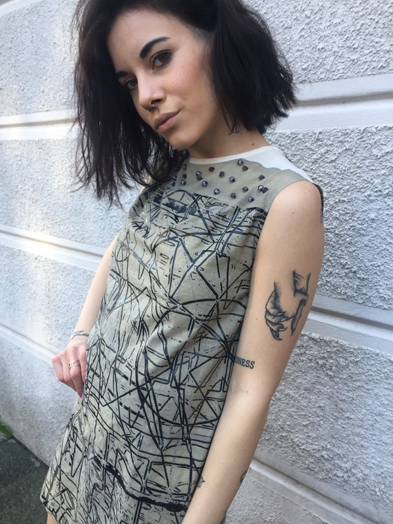 Screen printing Mini Dress LOLA DARLING One of a Kind Embroidery Art Work Clothing Wearable Painting Dress with Certificate Made in Italy