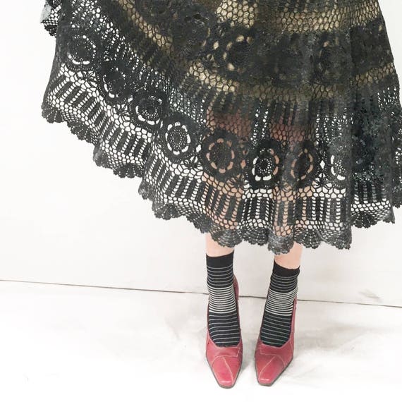 Double Circle Round Crochet Lace LOLA DARLING Skirt Black Leather Effect Canvas Black Satin Recovered fabrics Hand made in Italy Unique