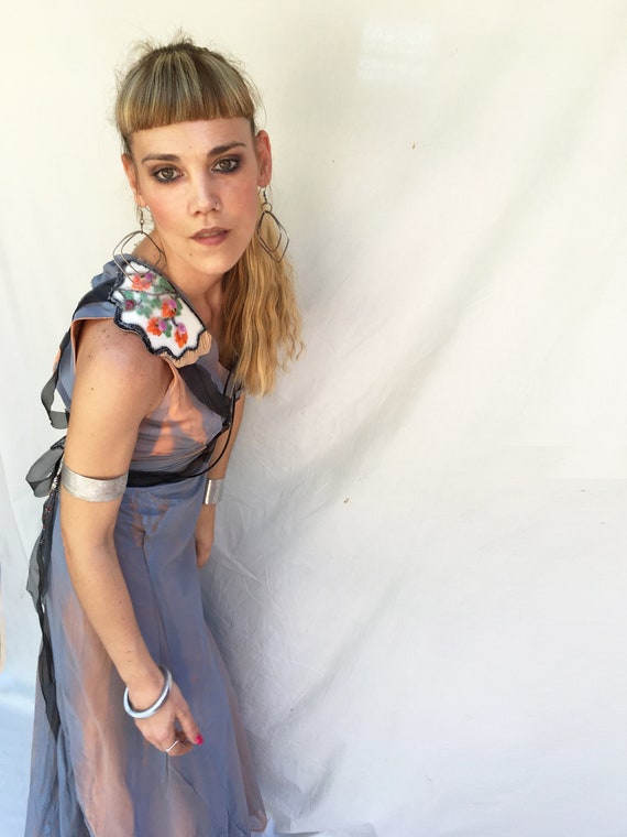 Hand painted Gradient Dress LOLA DARLING Chiffon Light Blue Orange Peach color laminated Long Wedding Dress Sustainable Couture Wearable Art