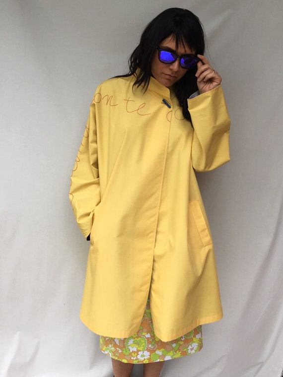 ReversibleTrench Coat Printed Hand Embroidered Raincoat Yellow Gray LOLA DARLING Jacket Wearable Art Unique Handmade in Italy by Vintage 80'