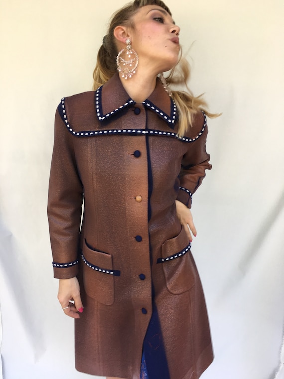 Knitted Hand Painted Coat LOLA DARLING Brown Red Long Jacket White Stitching details Rubber Laminated Effect Overcoat Sustainable Clothing