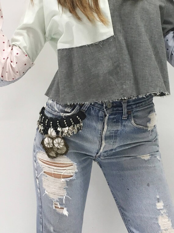 High-Waisted Rips LOLA DARLING Jeans from Vintage Levi's + Embroidered by hand DAW Patch with Recycled Materials Open bottom Exceptional Fit