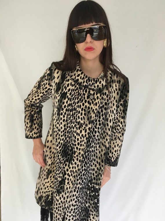 Velvet Leopard Faux Fur Coat LOLA DARLING Animalier Black Spotted Hand Painted Jacket Metal Studs Unique Wearable Art Piece Made in Italy