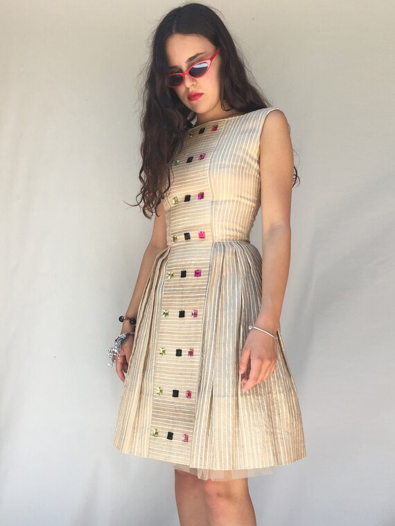 Beige Silk Bourette Sartorial Dress LOLA DARLING 50s Style Plastic Cabochon Embroidered Cotton petticoat Formal Evening Bridal Wedding Dress