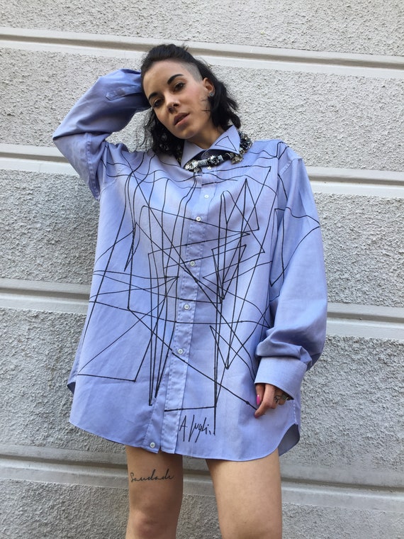 Painting Oversize Boyfriend Shirt LOLA DARLING Unique Light Blue Hight Quality Cotton Men's Shirt Painted by artist Italian Wearable Art