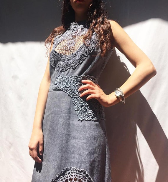 Sexy Elegant Gray sheath dress with crochet nude-effect inserts LOLADARLING Hand dyed gradient effect from Made in Italy from Vintage Unique
