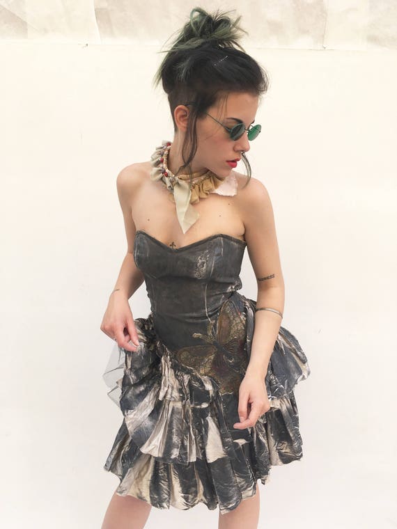 Hand painted Satin Gray Flounces LOLA DARLING Bustier Dress Butterfly Embroidery Leather Effect Printing Unique Piece from Vintage Garment