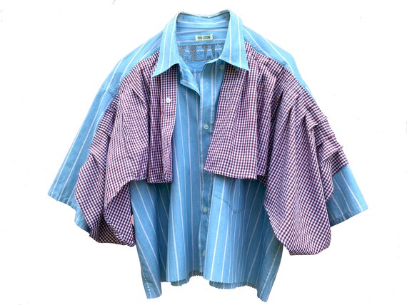 Cotton Shirt with Frappa LOLA DARLING Blue Striped Short Sleeve Blouse with Red Checked Flounce from Vintage Italian Contemporary Couture